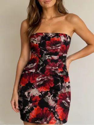 Weston Wear Red And Black Floral Strapless Dress