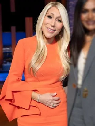 Shark Tank Season 18 Lori Greiner Orange Ruffled Cuff Dress