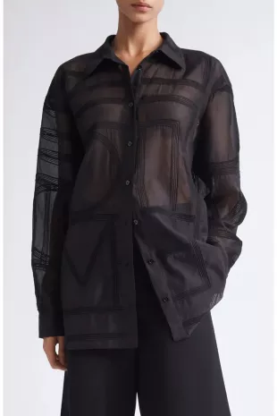 Embroidered Organic Cotton & Silk Monogram Oversize Button-Up Shirt