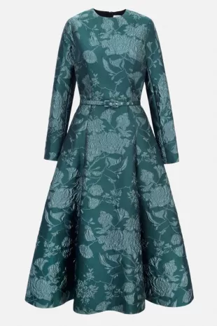 Green Floral Jacquard Belted Dress