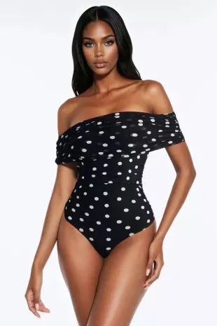 Demi Off Shoulder Polka Dot Mesh Bodysuit