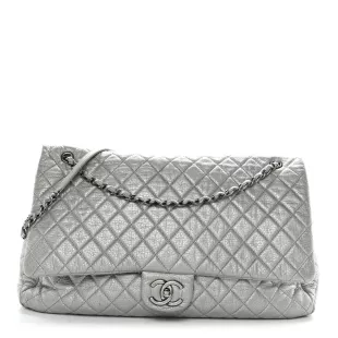 Metallic Calfskin Quilted XXL Travel Flap Bag Silver