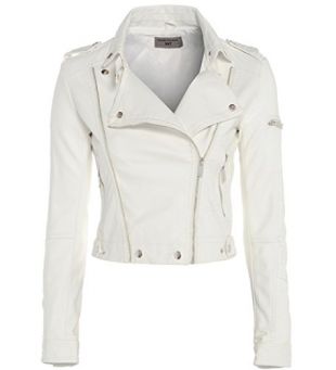 New Womens Biker Jacket Crop Faux Leather Ladies Zip White Size 8 10 12 (UK - 10, Stone/Beige)