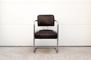 Vintage Leather and Tubular Chrome Art Deco Cantilever Arm Chair - KEM Weber Style