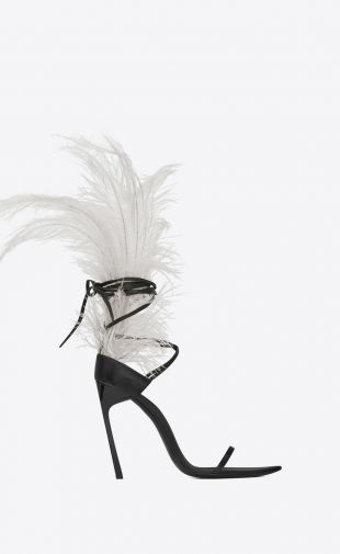 IRIS 105 sandal in black leather and beige ostrich feathers