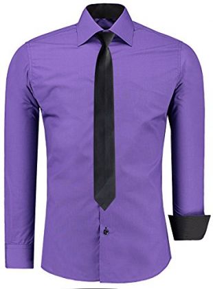 Jeel pour Homme Chemise Casual Manche Longue Slim Fit - Couleur: Pourpre, Taille: M, Cravate Noir