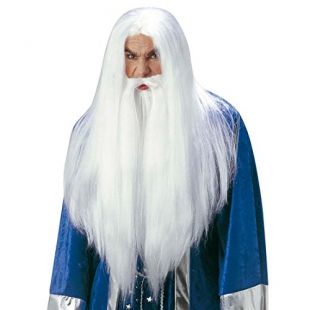 NET TOYS Perruque magicien Gandalf avec barbe mage perruque de carnaval Merlin perruque de magicien blanche