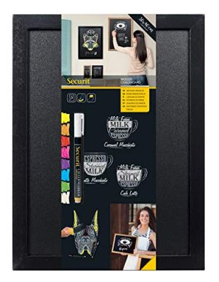 SECURIT Woody Ardoise - Bois Finition Laqué - Feutre-Craie Blanc + Kit de Montage Inclus - 30x40cm