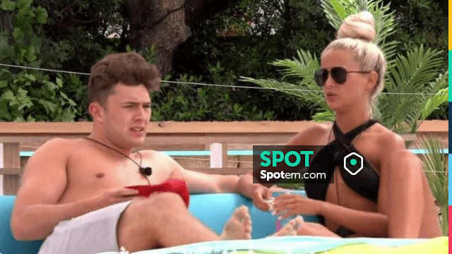 ASOS DESIGN cross neck swimsuit in black glitter worn by Molly Mae Hague in Love Island S05E12 Spotern