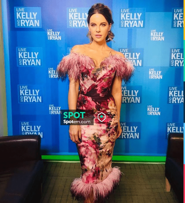 Marchesa Feather Trimmed Floral Print Silk Dress worn by Kate Beckinsale  Live with Kelly and Ryan October 22, 2019