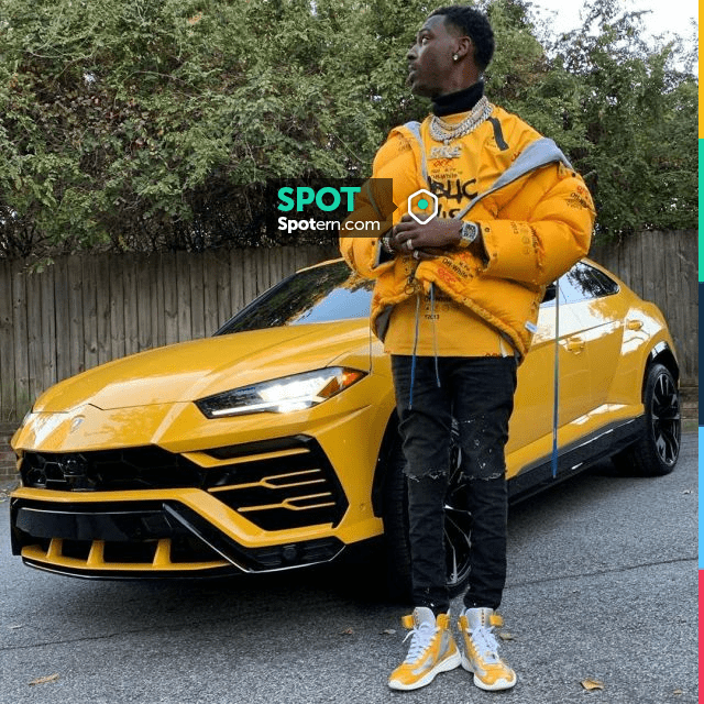 Off White Yellow printed logo puffer jacket of Young Dolph on the ...