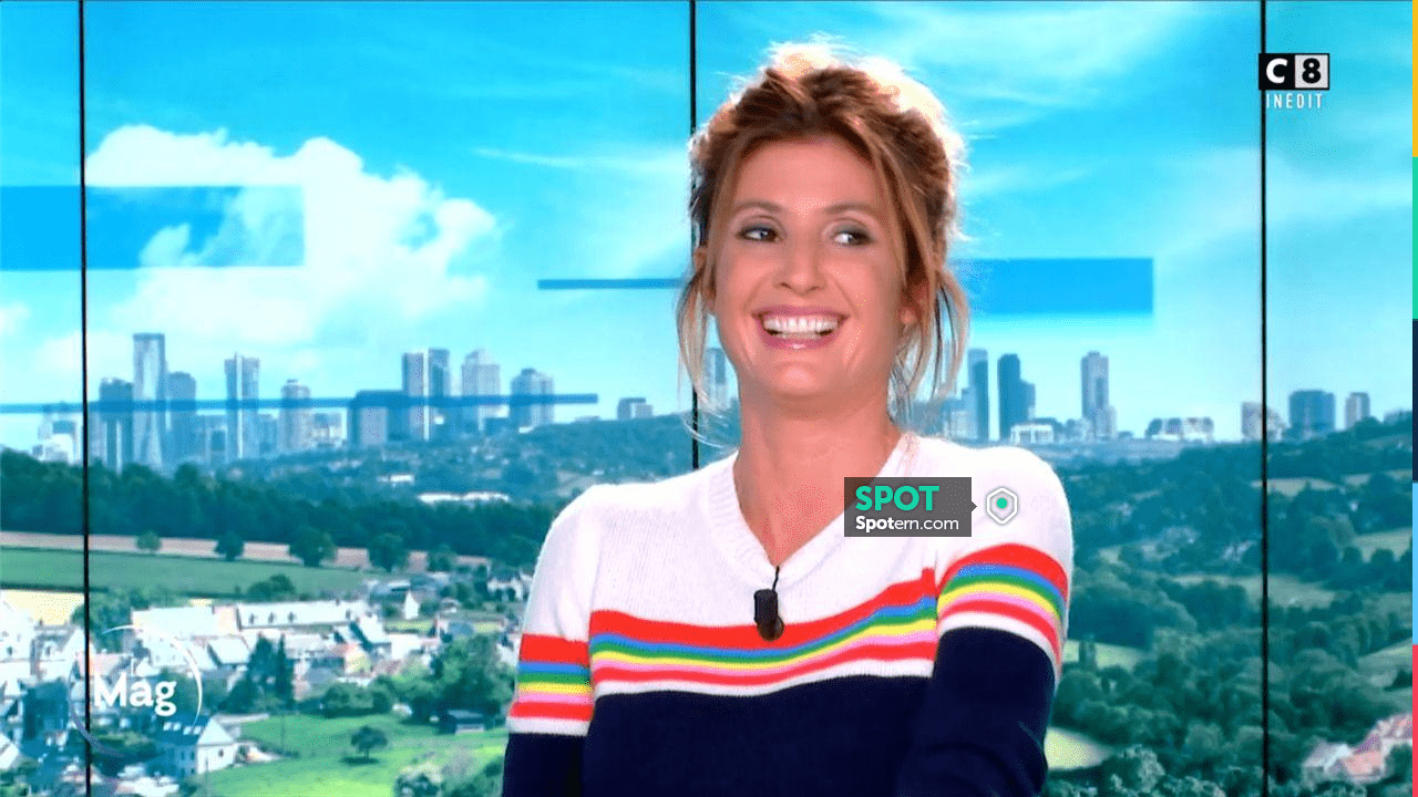 The round neck sweater with rainbow bands in cashmere of Caroline Ithurbide  in William at noon the 25.09.2020 | Spotern