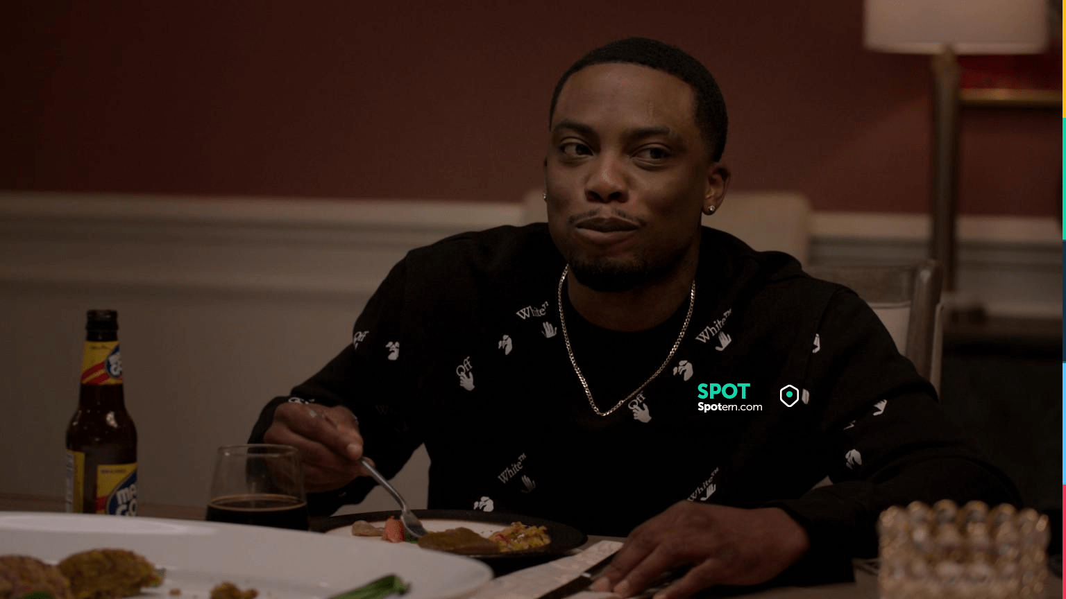 Off-White all-over logo sweatshirt in back worn by Cane Tejada (Woody  McClain) as seen in Power Book II: Ghost TV show wardrobe (Season 2 Episode  6)