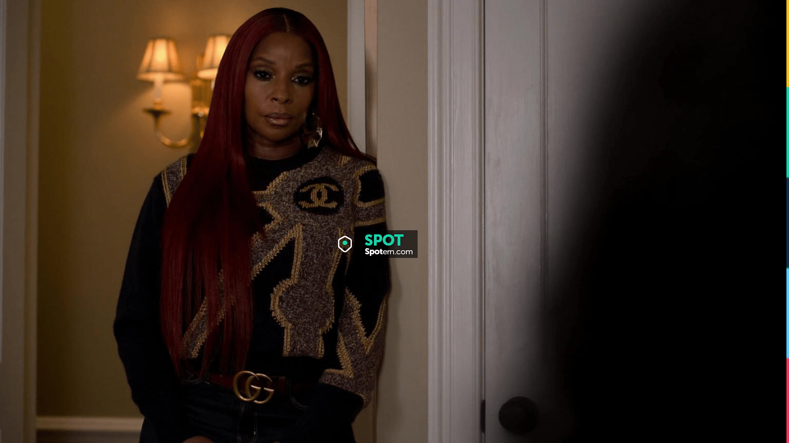 Chanel Top with gold stud button worn by Monet (Mary J. Blige) as seen in  Power Book II: Ghost TV series outfits (S02E08)