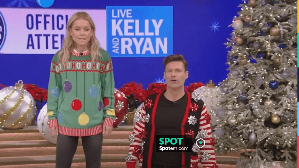 Tipsy Elves Naughty or Nice Ugly Christmas Sweater worn by Ryan Seacrest as  seen in LIVE with Kelly and Ryan on December 16, 2022