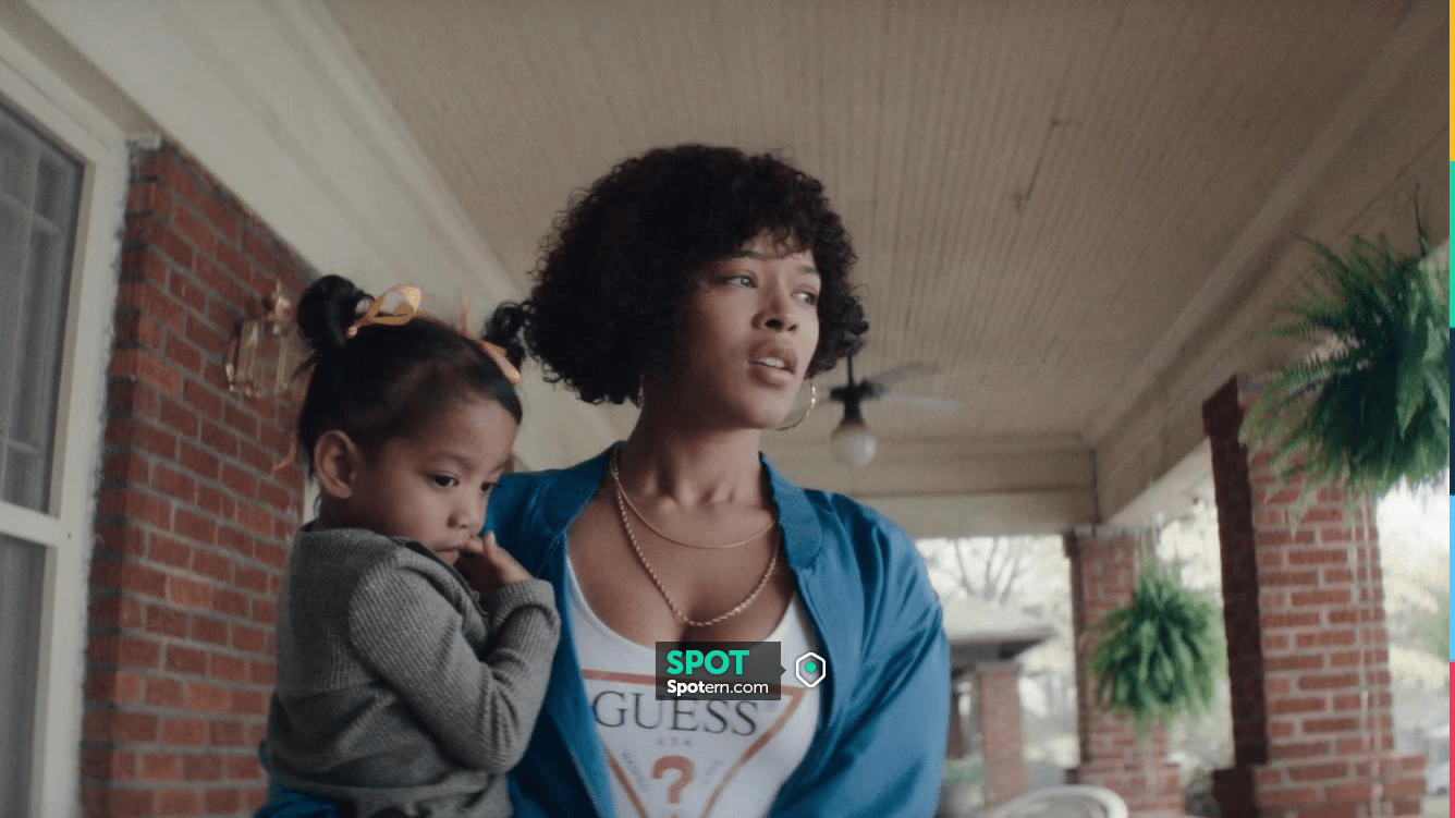 Guess White Triangle Logo Bodysuit Top worn by Lori (Serayah McNeill) as seen in BMF (S02E04