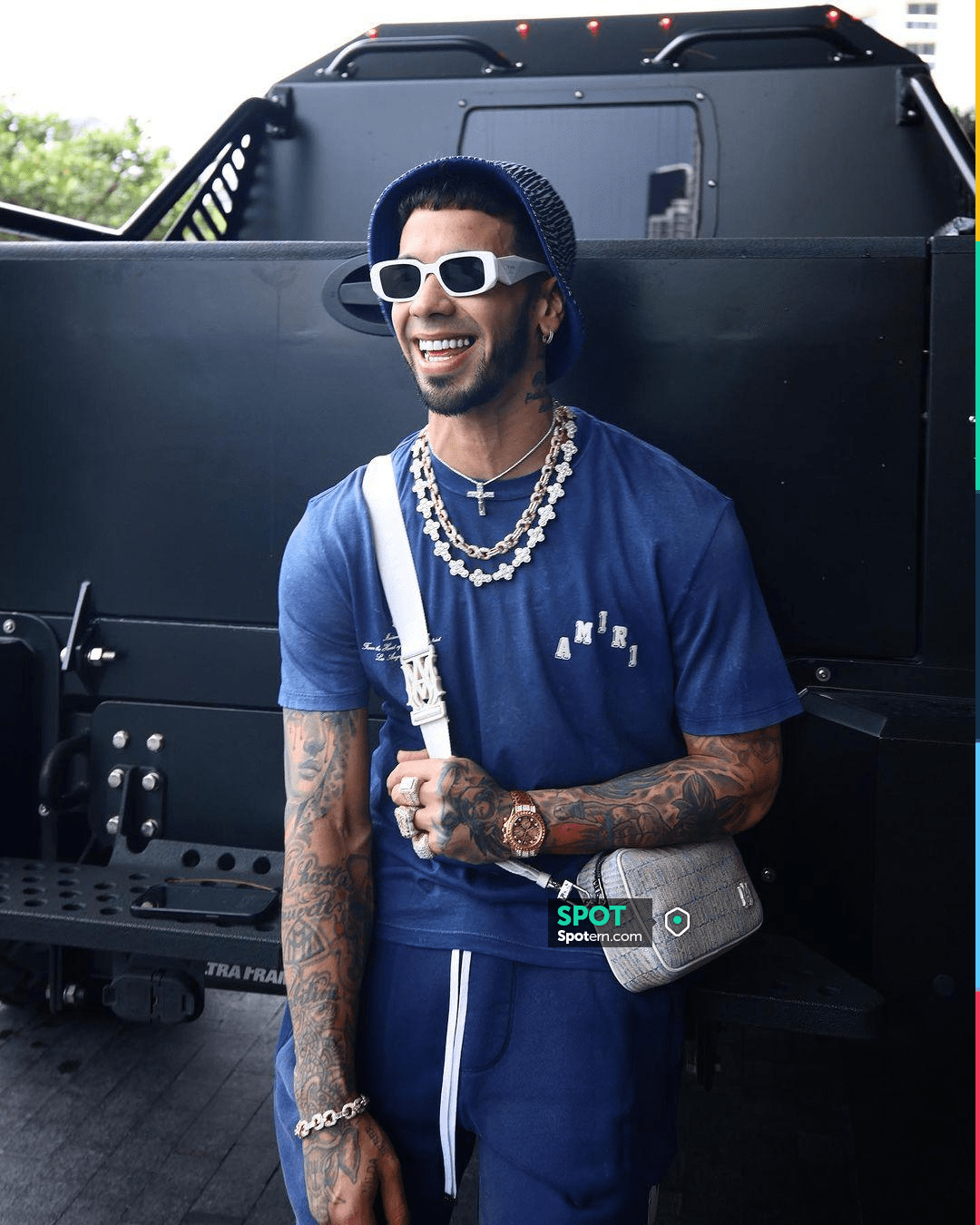 Amiri Clay Indigo Allover Logo Camera Bag worn by Anuel AA on his ...