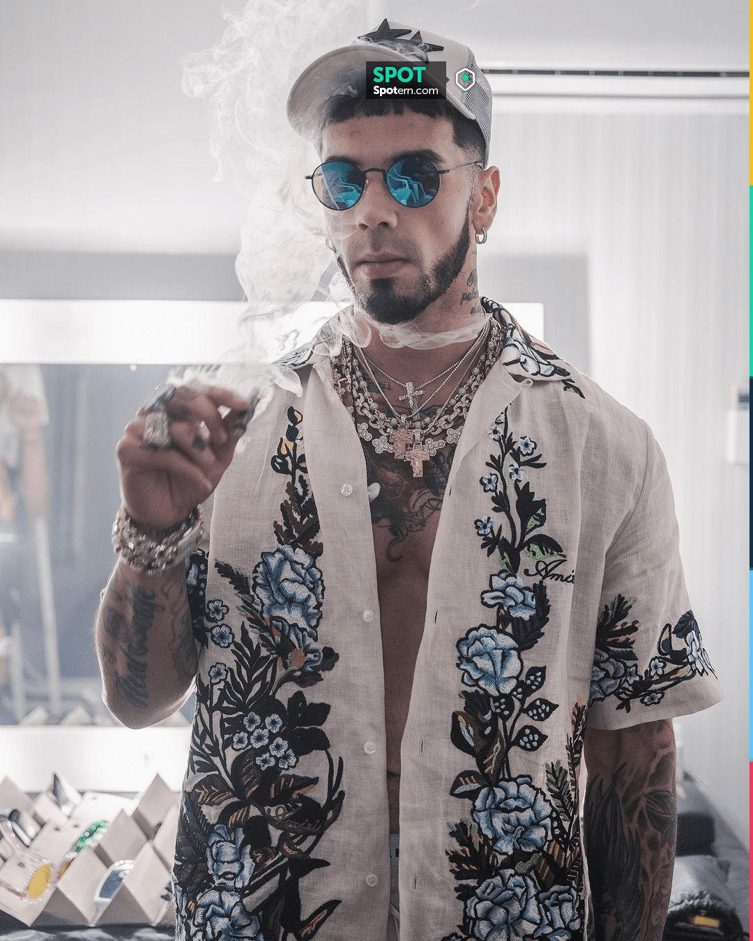 Amiri Cream & 3 Black Star Trucker Hat worn by Anuel AA on his ...