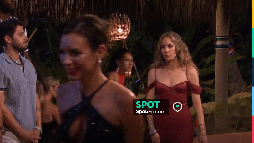 Oh Polly Cecily Off The Shoulder Ruched Corset Maxi Dress in Red worn by  Rachel Recchia as seen in Bachelor in Paradise (S09E07)