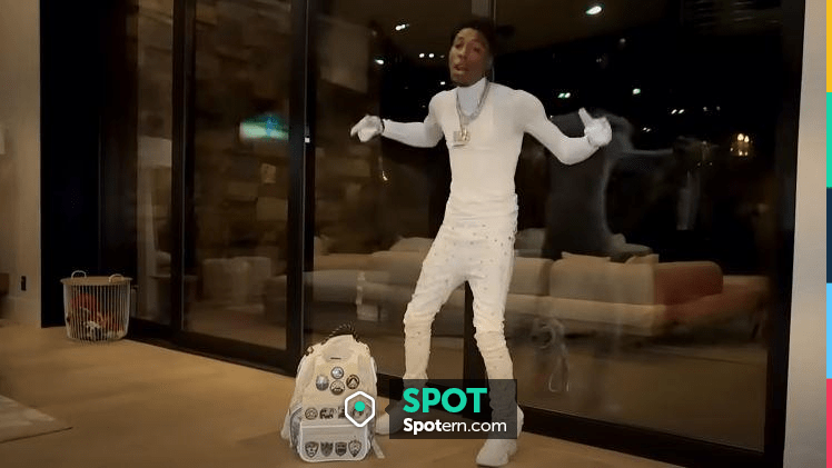 Sprayground White Patches Expedition Backpack worn by YoungBoy Never Broke Again in My Address Public Official Music Video Spotern