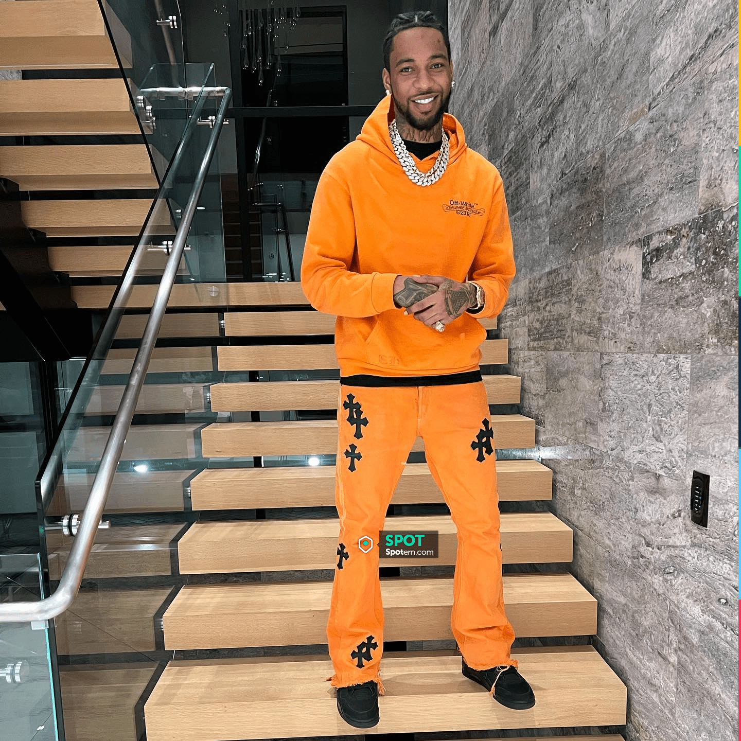 Chrome Hearts Orange & Black-Cross Jeans worn by Key Glock on the ...