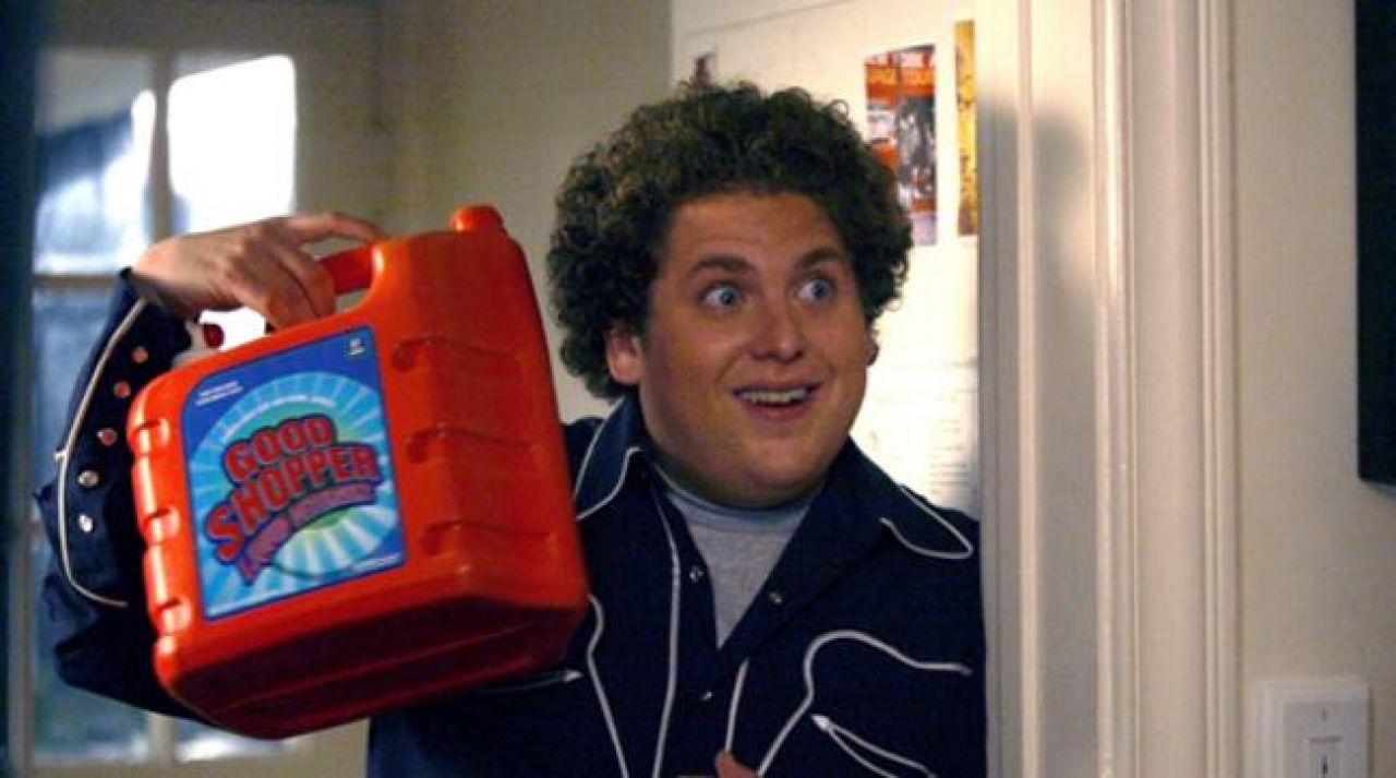 The bottle of detergent "Good Shopper" of Seth (Jonah Hill) in Su...