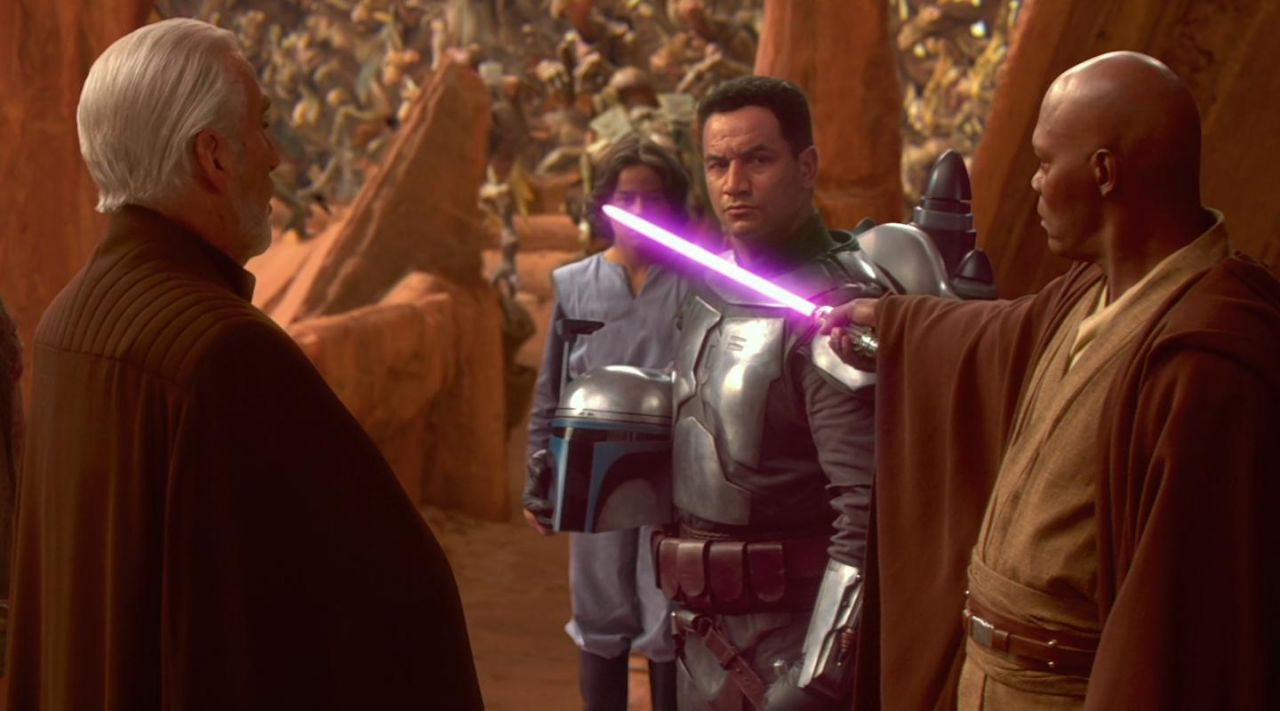 The lightsaber purple Mace Windu in Star Wars II attack of The clones