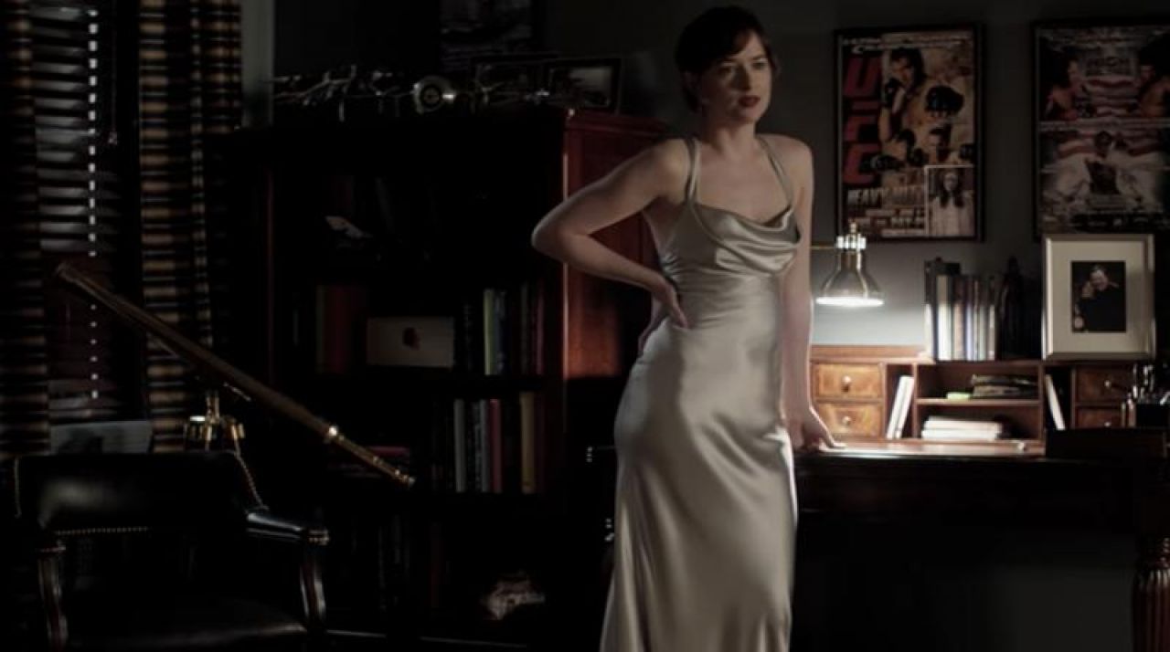 Anastasia Steele (Dakota Johnson) satin silver dress in Fifty Shades of Gre...