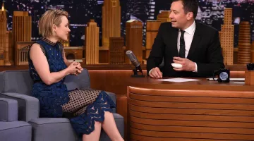 The blue Self Portrait dress worn by Rachel McAdams on The Tonight Show Starring Jimmy Fallon