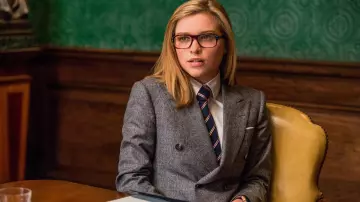 Blazer grey double breasted worn by Roxy / Roxanne Morton / Lancelot (Sophie Cookson) as seen in Kingsman: The Golden Circle