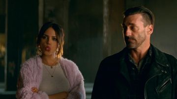 Elizabeth and James Bianca Long-Sleeve Fur Jacket in Lavender worn by Monica / Darling (Eiza González) as seen in Baby Driver