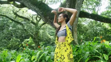 The crop top yellow printed Shy m clip Madinina