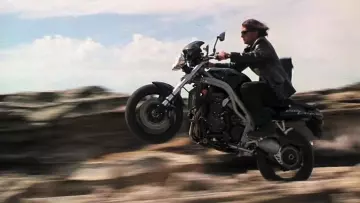 The Triumph Speed Triple 955i motorcycle driven by Ethan Hunt (Tom Cruise) in the movie Mission: Impossible II