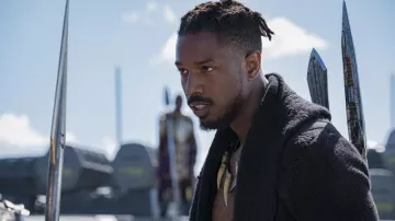 Black hooded cardigan worn by Erik KillMonger (Micheal B. Jordan) as seen in Black Panther