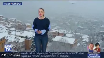 Le pull à découpe fantaisie ornées d'empiècements effet chemise de Virginie Hilssone dans La météo de BFM tv du 26/02/2018