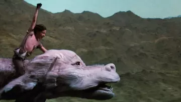The replica toy of Falkor, the white dragon in the movie The neverending story