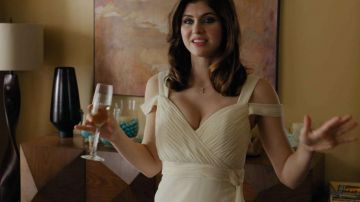 White dress for engagement party worn by Avery Martin (Alexandra Daddario) as seen in When we first met