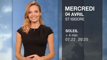 La robe noire plis à l'épaule de Gennifer Demey dans La météo de M6 du 03/04/2018