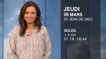 La camisa estampada de Laurence Roustandjee en La météo M6 del 07/03/2018