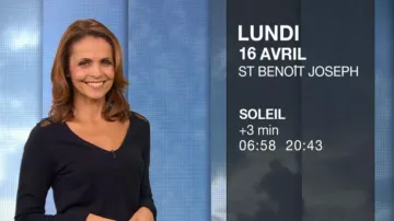 Le pull col V épaules plumetis de Cali Morales dans La météo M6 du 15/04/2018