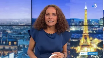 La robe bleue à volants de Sandrine Aramon dans Le soir 3 du 16/04/2018