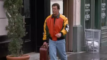 Outfits from Seinfled: David Puddy (Patrick Warburton) wears 8 Ball Leather Jacket in season 9, episode 12 of the TV series
