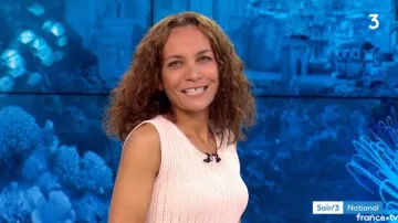 La robe rose en maille de Sandrine Aramon dans Soir 3 du 06/05/2018