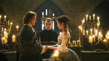 The church is Glencorse Old Kirk, the venue for the wedding of Claire and Jamie in the series, Outlander S01E07