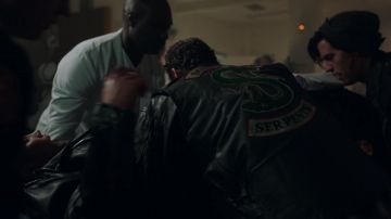 Southside Serpents Gang Biker Leather Jacket worn by PF Jones (Skeet Ulrich) as seen in Riverdale S02E21