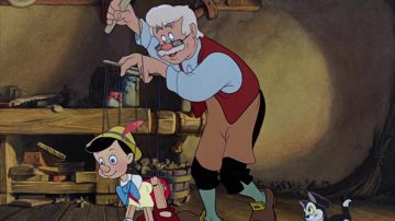 La réplica del títere de Pinocho en la caricatura Pinocho