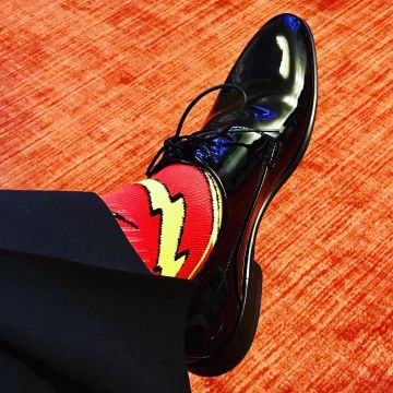 Flash Red Socks Bazinga! worn by Jim Parsons on his Instagram account