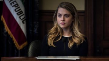 The sweater flared sleeve dress worn by Chloe (Amy Winters) in 13 reasons why S02E11