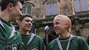The pull of Quidditch green house Slytherin Draco Malfoy (Tom Felton) in Harry Potter and the Chamber of Secrets