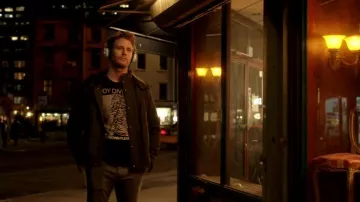 Joy Division 'Unknown Pleasures' black tee shirt worn by Brian Finch (Jake McDorman) as seen in Limitless S01E17